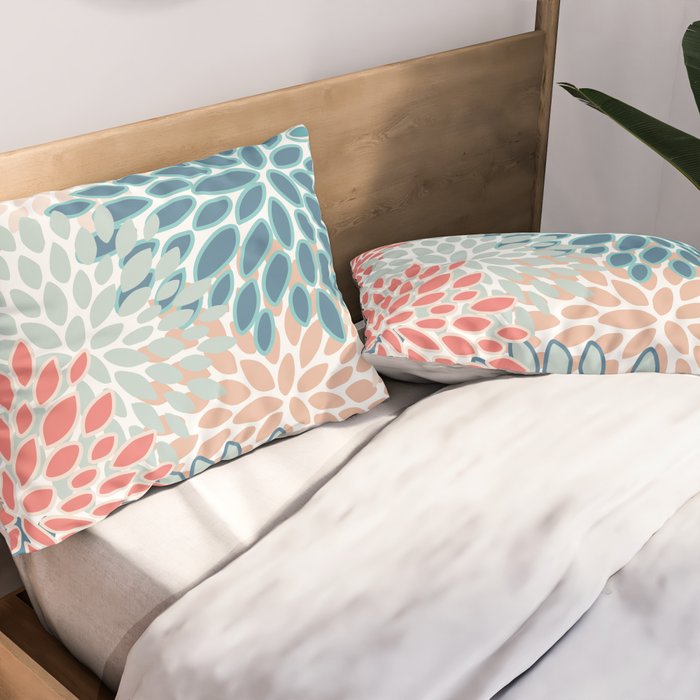Festive, Floral Prints, Teal, Coral, Peach Pillow Sham Gallery Image 2