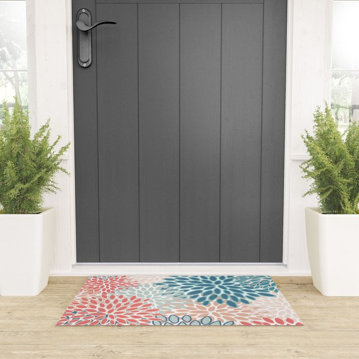 Festive, Floral Prints, Teal, Coral, Peach Welcome Mat Gallery Image 3