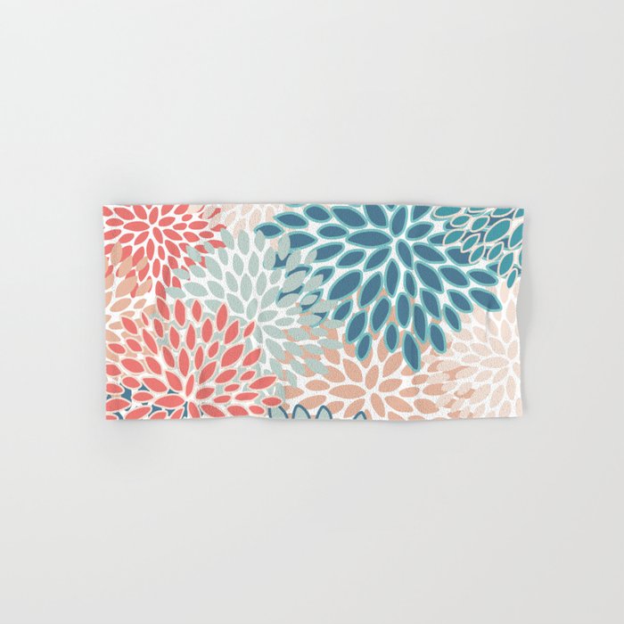 Festive, Floral Prints, Teal, Coral, Peach Bath Towel Gallery Image 1