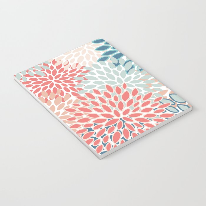 Festive, Floral Prints, Teal, Coral, Peach Notebook Gallery Image 3