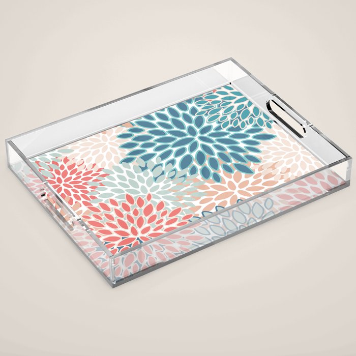 Festive, Floral Prints, Teal, Coral, Peach Acrylic Tray Gallery Image 1