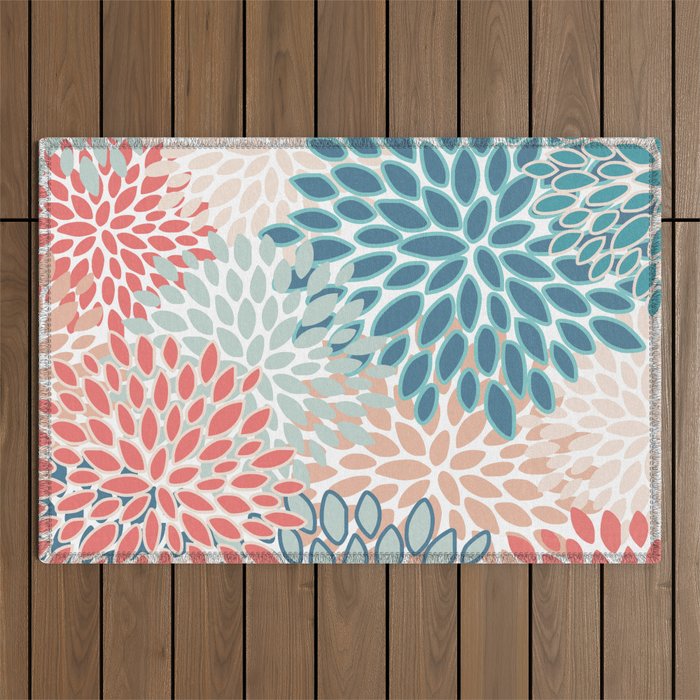 Festive, Floral Prints, Teal, Coral, Peach Outdoor Rug Gallery Image 1