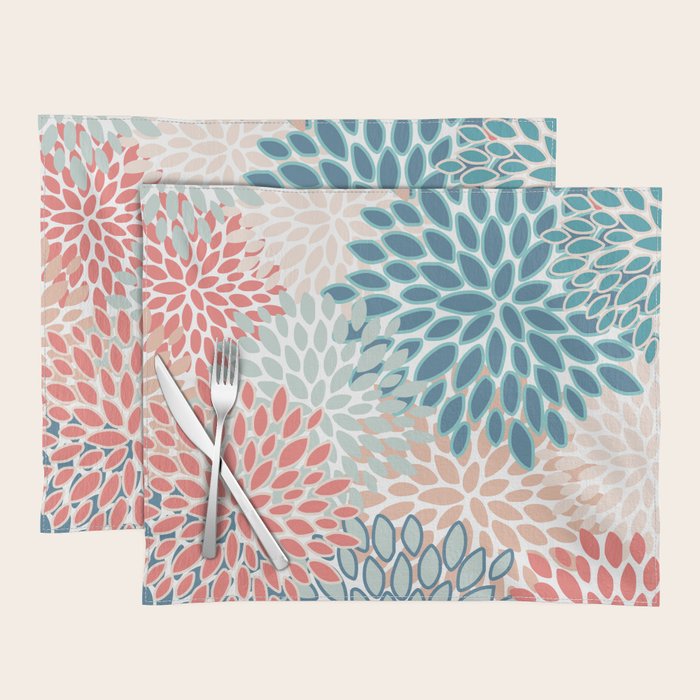 Festive, Floral Prints, Teal, Coral, Peach Placemat Gallery Image 1