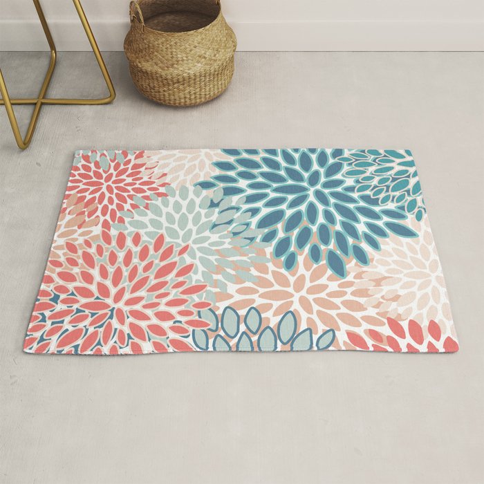 Festive, Floral Prints, Teal, Coral, Peach Rug Gallery Image 1