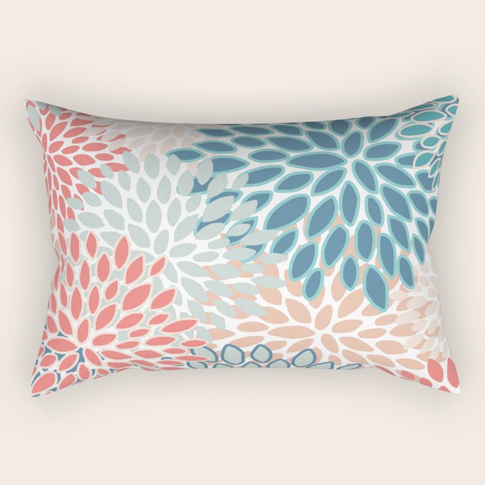 Festive, Floral Prints, Teal, Coral, Peach Rectangular Pillow Gallery Image 1