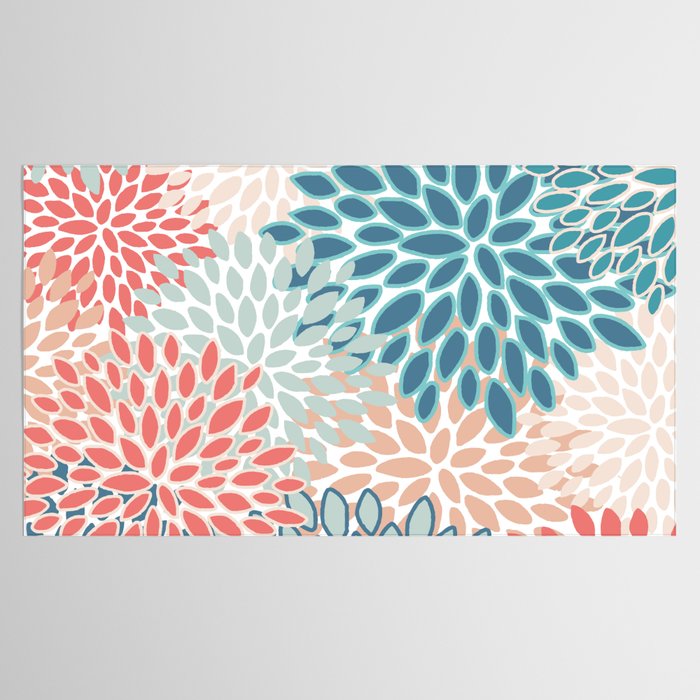 Festive, Floral Prints, Teal, Coral, Peach Tablecloth Gallery Image 2