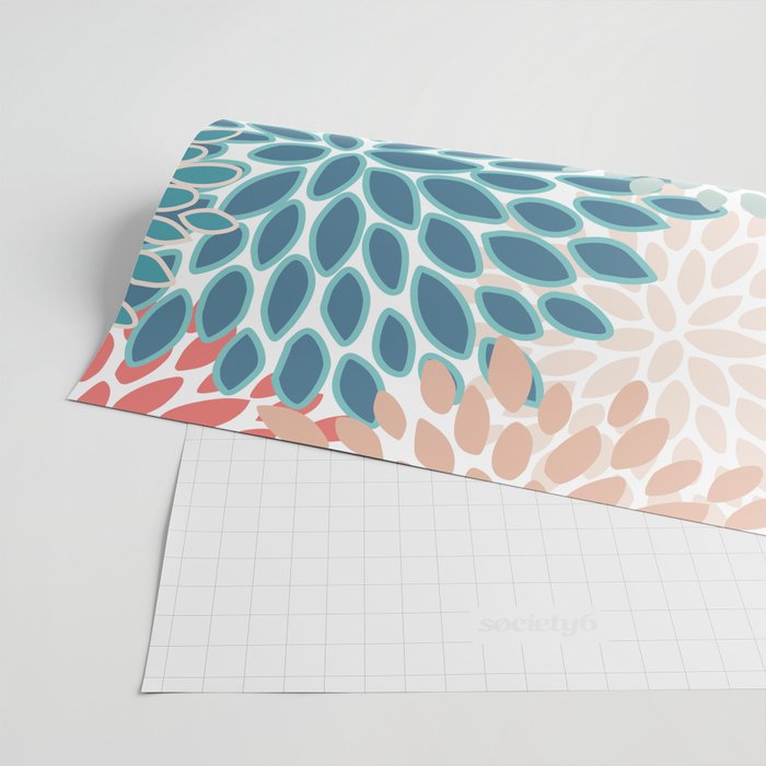 Festive, Floral Prints, Teal, Coral, Peach Wrapping Paper Gallery Image 2