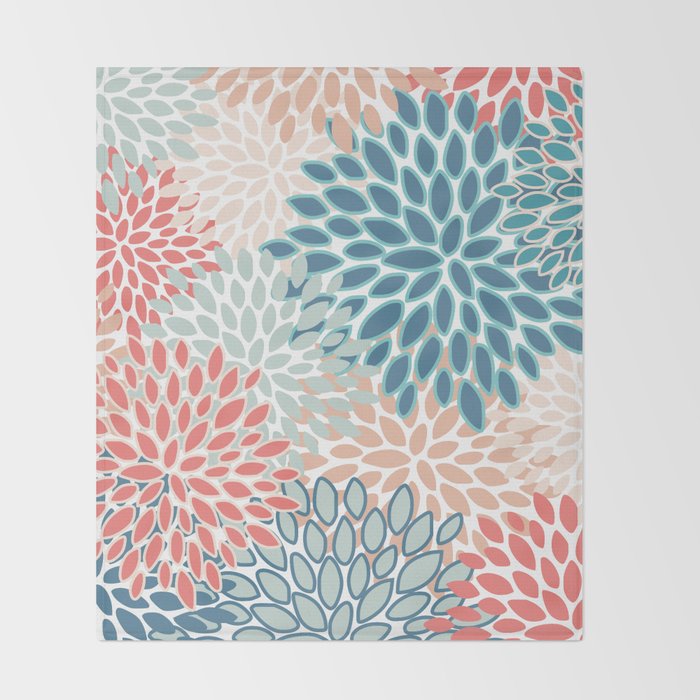 Festive, Floral Prints, Teal, Coral, Peach Throw Blanket Gallery Image 2