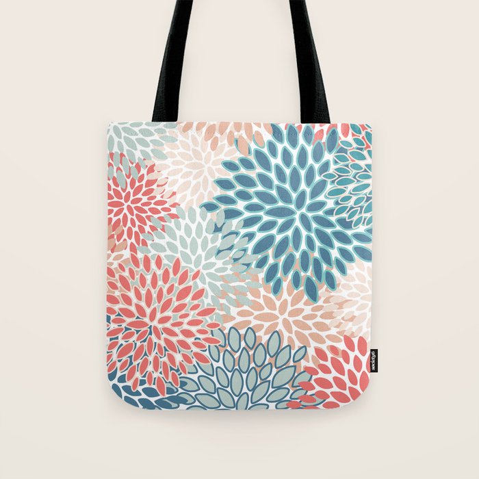 Festive, Floral Prints, Teal, Coral, Peach Tote Bag Gallery Image 1