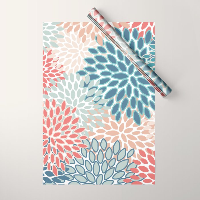 Festive, Floral Prints, Teal, Coral, Peach Wrapping Paper Gallery Image 1