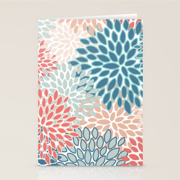 Festive, Floral Prints, Teal, Coral, Peach Stationery Card Gallery Image 1