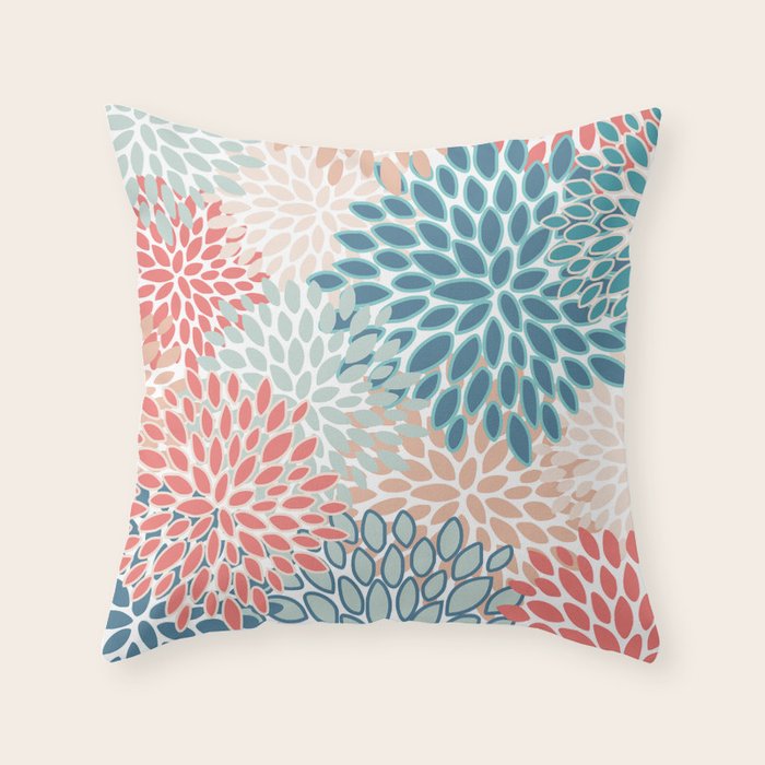 Festive, Floral Prints, Teal, Coral, Peach Throw Pillow Gallery Image 6