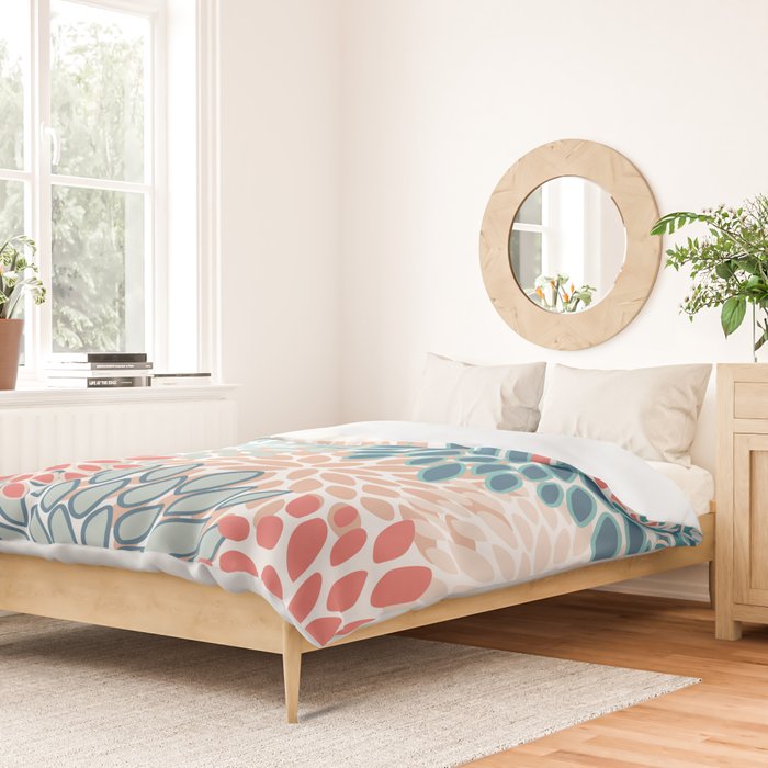 Festive, Floral Prints, Teal, Coral, Peach Duvet Cover Gallery Image 2