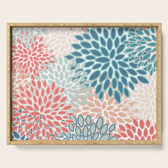 Festive, Floral Prints, Teal, Coral, Peach Serving Tray Gallery Image 1