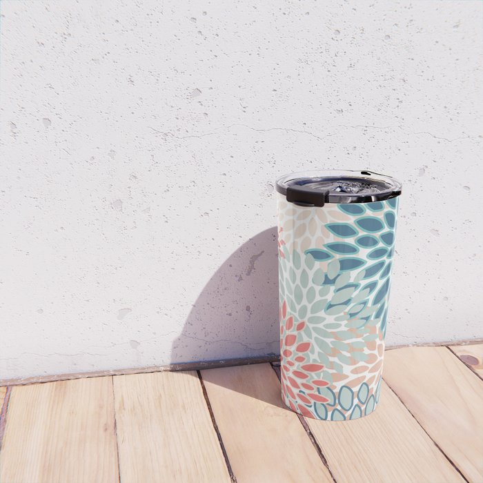 Festive, Floral Prints, Teal, Coral, Peach Travel Mug Gallery Image 4