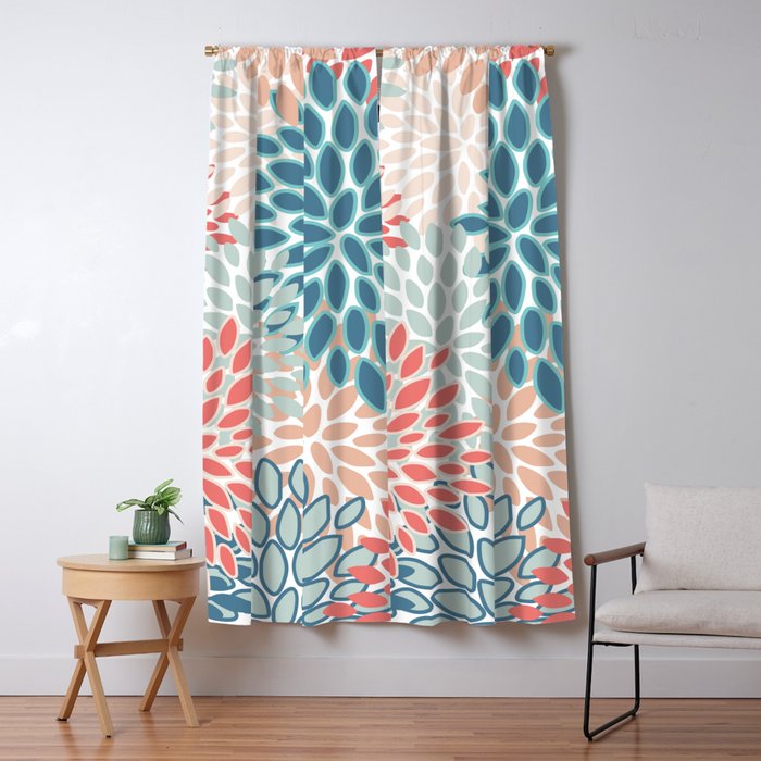 Festive, Floral Prints, Teal, Coral, Peach Window Curtain Gallery Image 5