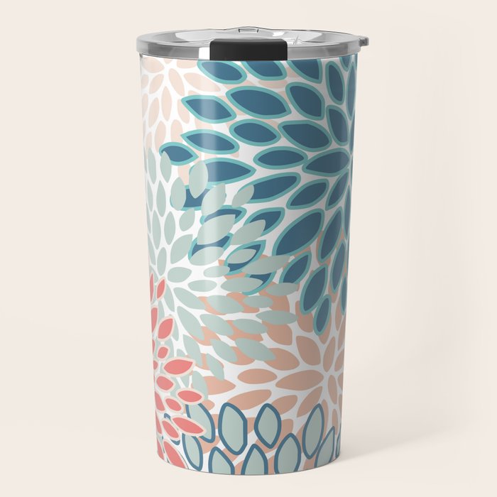 Festive, Floral Prints, Teal, Coral, Peach Travel Mug Gallery Image 1