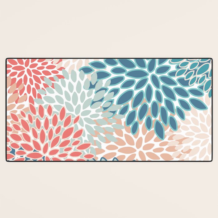 Festive, Floral Prints, Teal, Coral, Peach Desk Mat Gallery Image 3