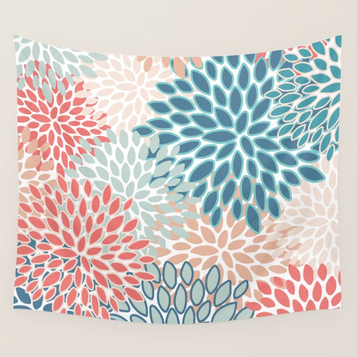 Festive, Floral Prints, Teal, Coral, Peach Wall Tapestry Gallery Image 1