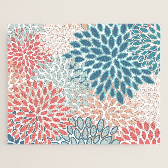 Festive, Floral Prints, Teal, Coral, Peach Jigsaw Puzzle Gallery Image 1