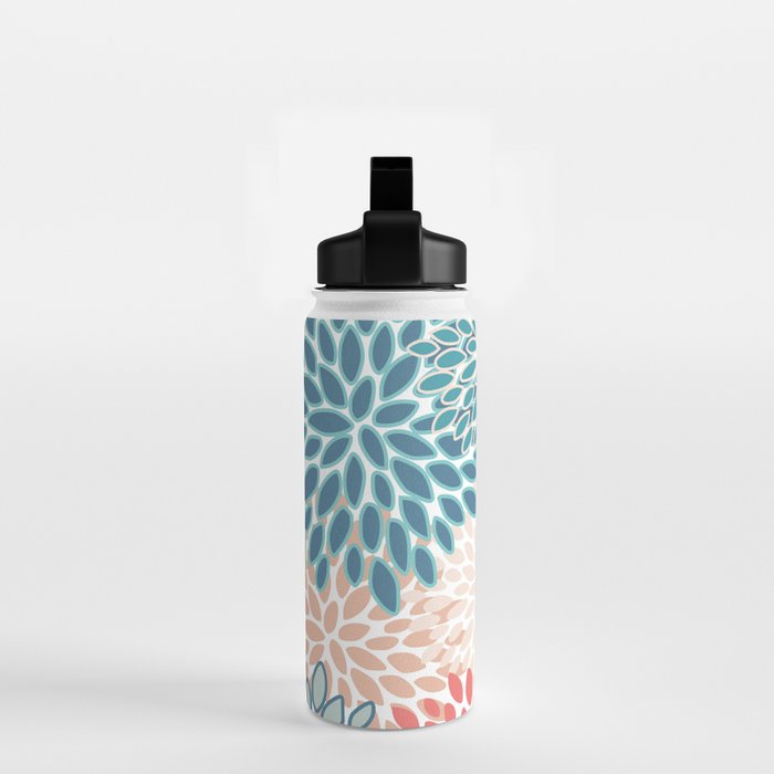 Festive, Floral Prints, Teal, Coral, Peach Water Bottle Gallery Image 2