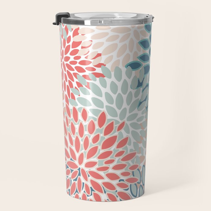 Festive, Floral Prints, Teal, Coral, Peach Travel Mug Gallery Image 3