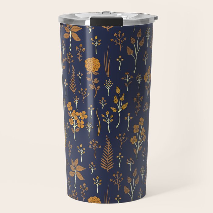 Navy Blue & Mustard Yellow Floral Pattern Travel Mug Gallery Image 1