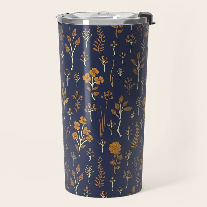 Navy Blue & Mustard Yellow Floral Pattern Travel Mug Gallery Image 2