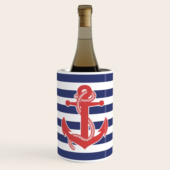 Retro Navy Anchor and Stripes Pattern 222 Red White and Blue Wine Chiller Gallery Image 1