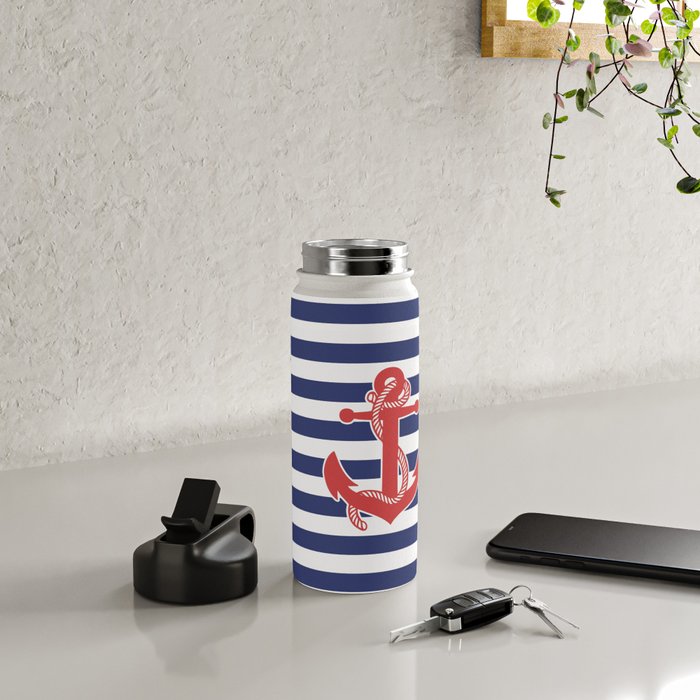 Retro Navy Anchor and Stripes Pattern 222 Red White and Blue Water Bottle Gallery Image 4