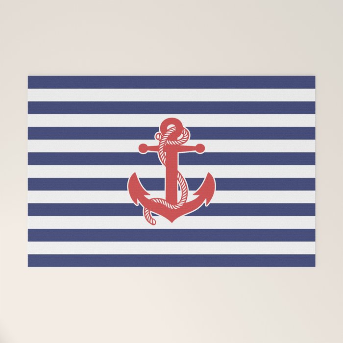 Retro Navy Anchor and Stripes Pattern 222 Red White and Blue Welcome Mat Gallery Image 1