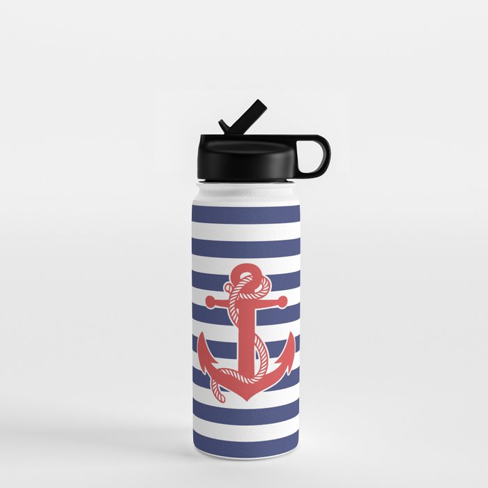 Retro Navy Anchor and Stripes Pattern 222 Red White and Blue Water Bottle Gallery Image 1