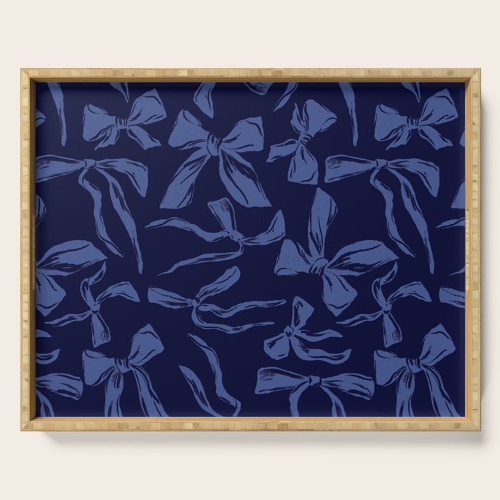 Blue bow pattern with dark background Serving Tray Gallery Image 1