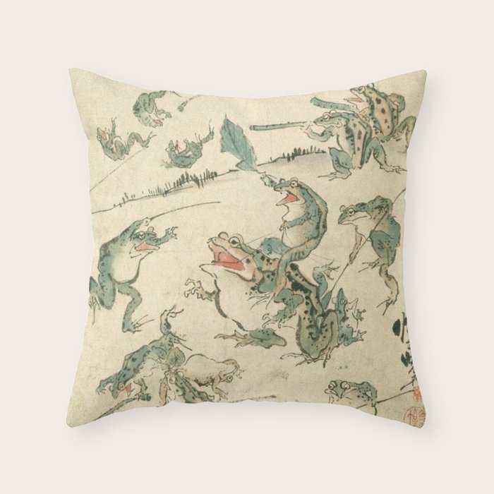 Battle Of The Frogs - Kawanabe Kyosai Throw Pillow Gallery Image 6
