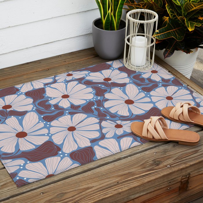 Retro modern white daisies illustration  Outdoor Rug Gallery Image 2