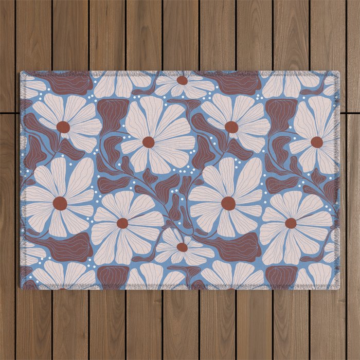 Retro modern white daisies illustration  Outdoor Rug Gallery Image 1