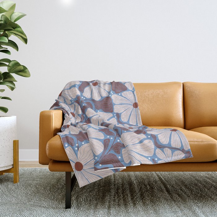 Retro modern white daisies illustration  Throw Blanket Gallery Image 1