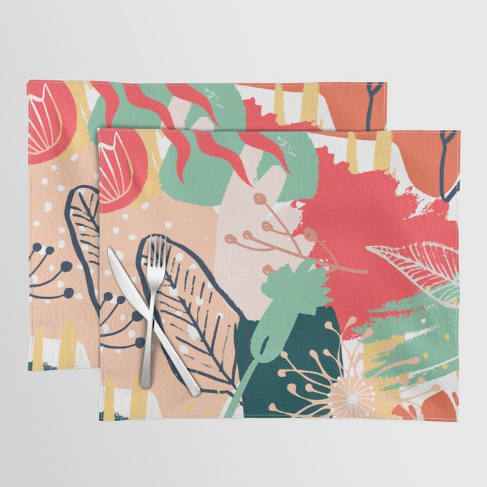 Summer Floral Prints, Abstract, Red and Green, Colourful Prints. Placemat Gallery Image 1