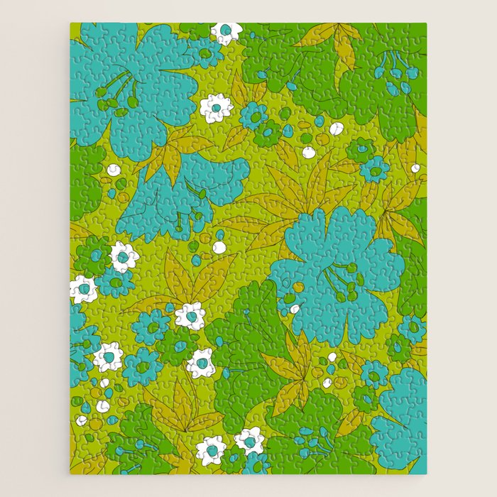 Green, Turquoise, and White Retro Flower Design Pattern Jigsaw Puzzle Gallery Image 1