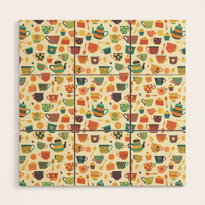 Vintage tea party - tea cups and sweets beige Wood Wall Art Gallery Image 1