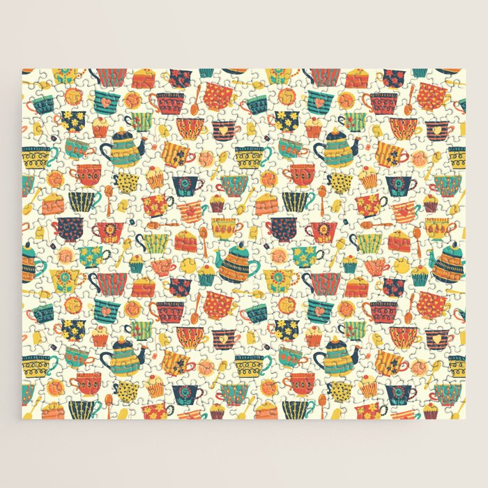 Vintage tea party - tea cups and sweets beige Jigsaw Puzzle Gallery Image 1