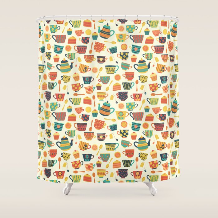 Vintage tea party - tea cups and sweets beige Shower Curtain Gallery Image 1