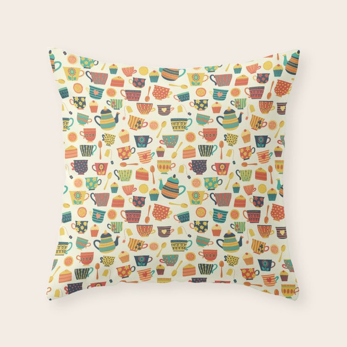 Vintage tea party - tea cups and sweets beige Throw Pillow Gallery Image 1