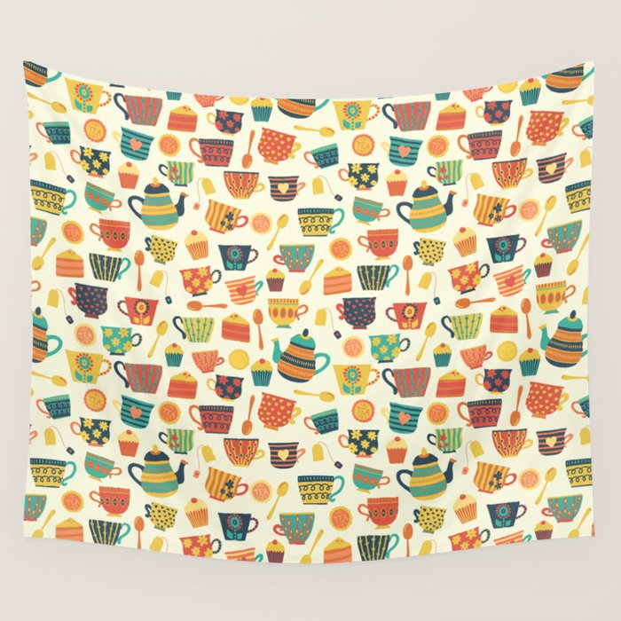 Vintage tea party - tea cups and sweets beige Wall Tapestry Gallery Image 4