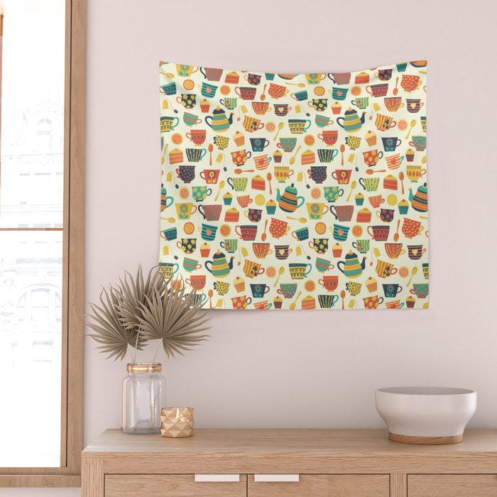 Vintage tea party - tea cups and sweets beige Wall Tapestry Gallery Image 2