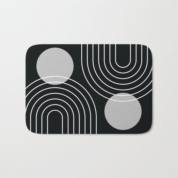 Mid Century Modern Geometric 109 in Black and White (Rainbow and Sun Abstraction) Bath Mat Gallery Image 1