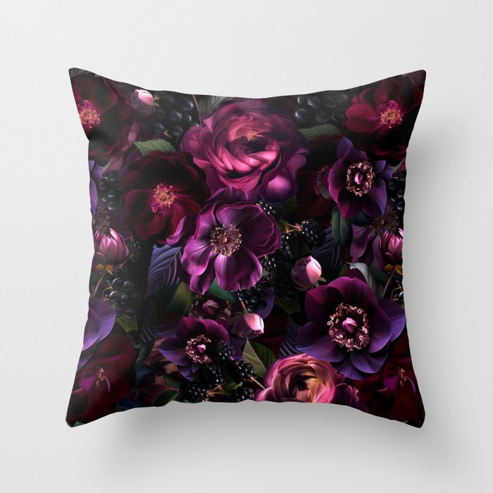 Vintage Spring Night Romanticism: Maximalism Purple Bold Moody Florals - Antiqued burgundy Roses and Peonies Nostalgic Gothic  - Antique Botany Wallpaper and Victorian Goth Mystic inspired Throw Pillow Gallery Image 6