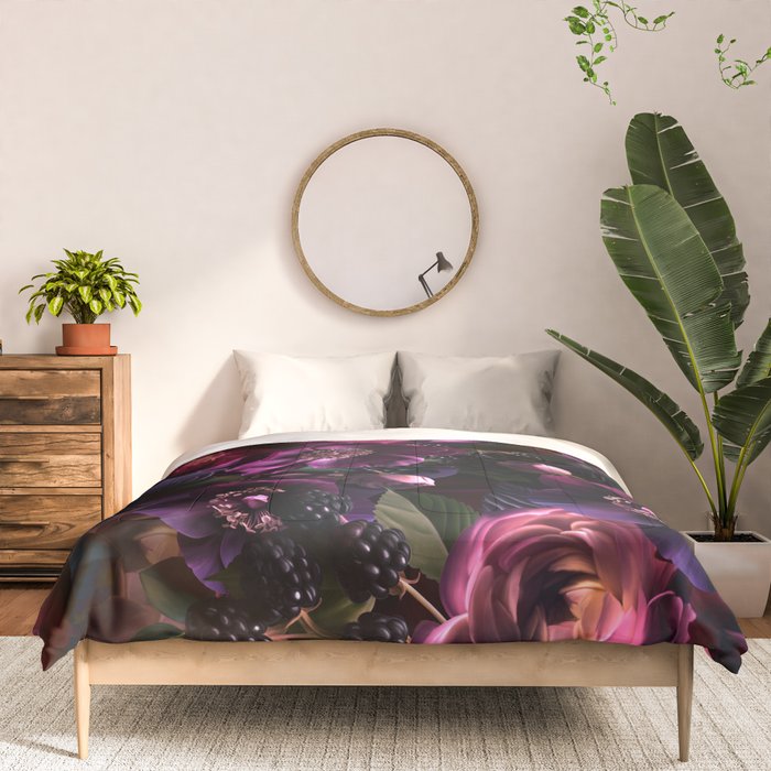 Vintage Spring Night Romanticism: Maximalism Purple Bold Moody Florals - Antiqued burgundy Roses and Peonies Nostalgic Gothic  - Antique Botany Wallpaper and Victorian Goth Mystic inspired Comforter Gallery Image 3