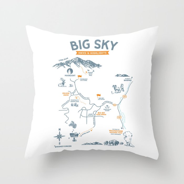 Big Sky, Montana Hiking & Recreation Trail Map Throw Pillow Gallery Image 6