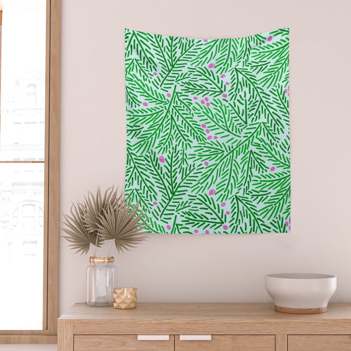 Winter Berries & Pine Branches in Green Wall Tapestry Gallery Image 2